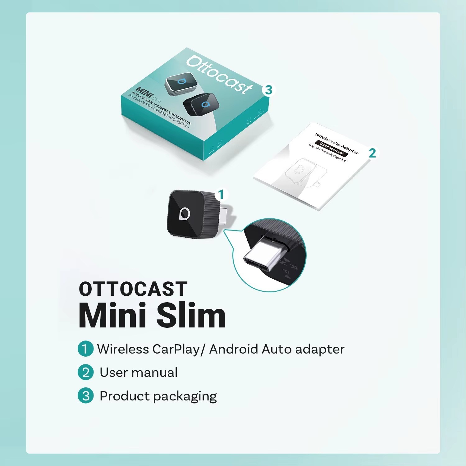 Ottocast Mini Slim Wireless CarPlay & Android Auto Adapter USB Plug & Play