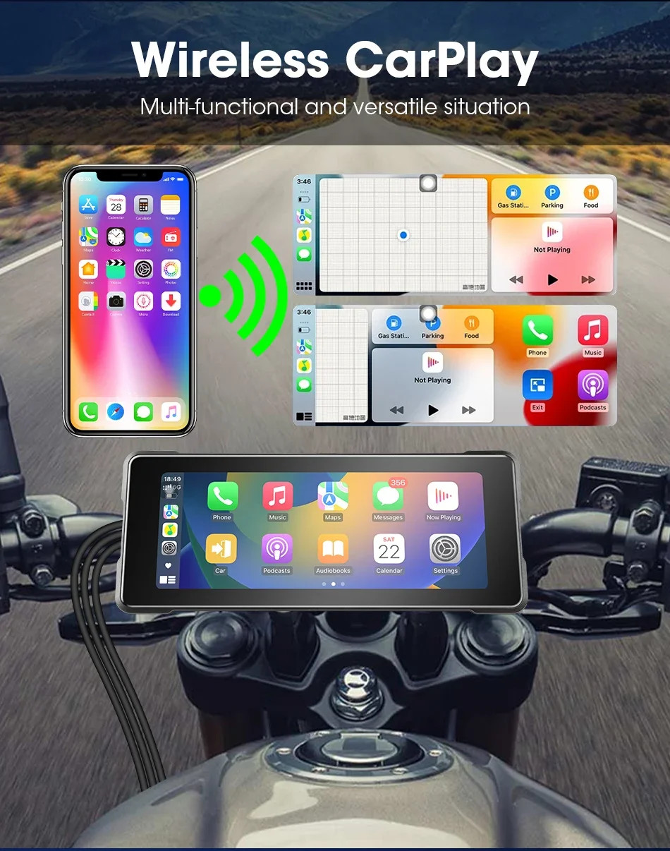 Motorcycle DVR IPX7 Waterproof Wireless Carplay Android Auto Display IPS Screen