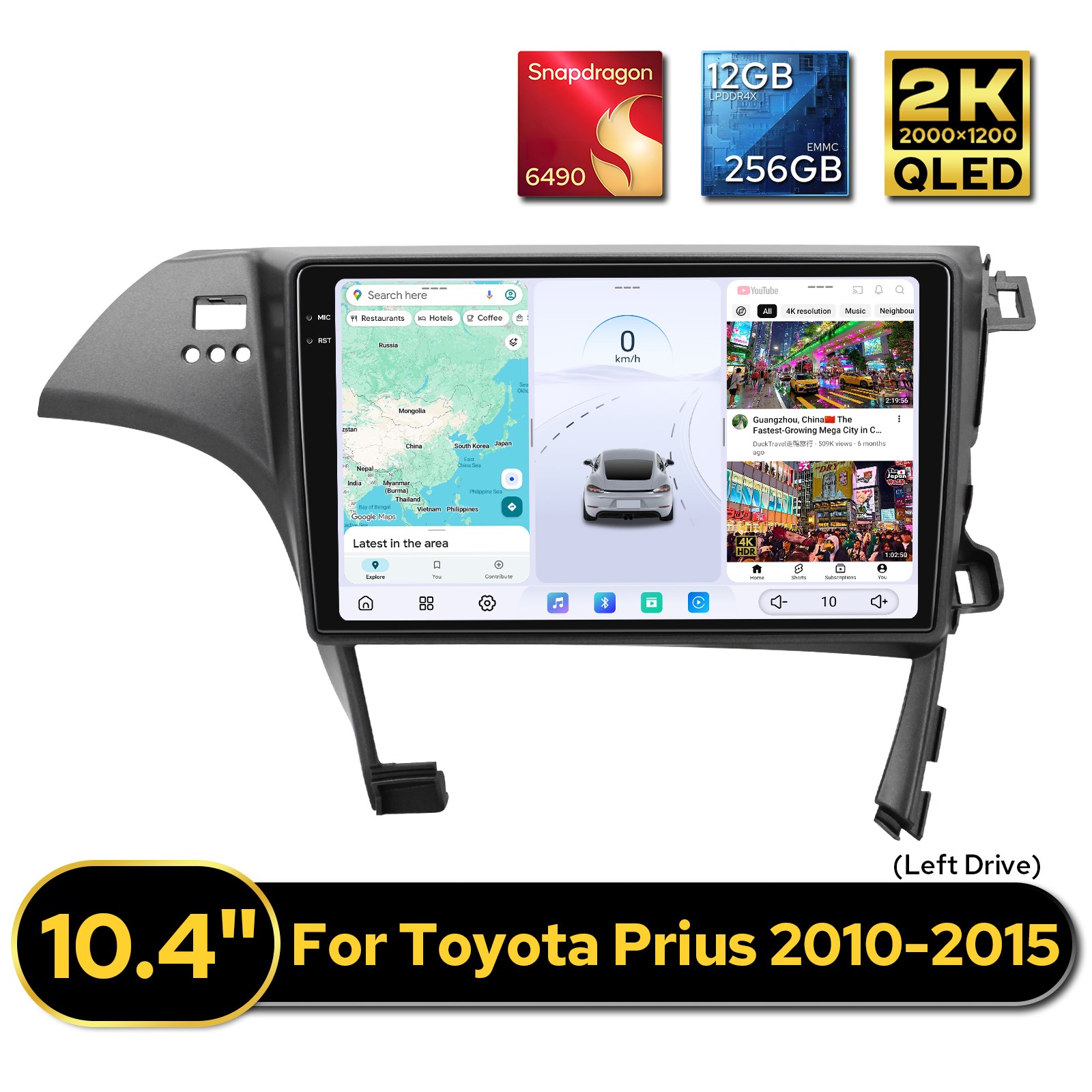 10.4 inch QLED CarPlay Android 13 Car Stereo GPS Navi For Toyota Prius 2010-2015