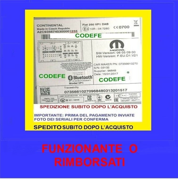 CODICE SBLOCCO SUBITO RADIO AUTORADIO CONTINENTAL FIAT ALFA JEEP VP1 VP2S