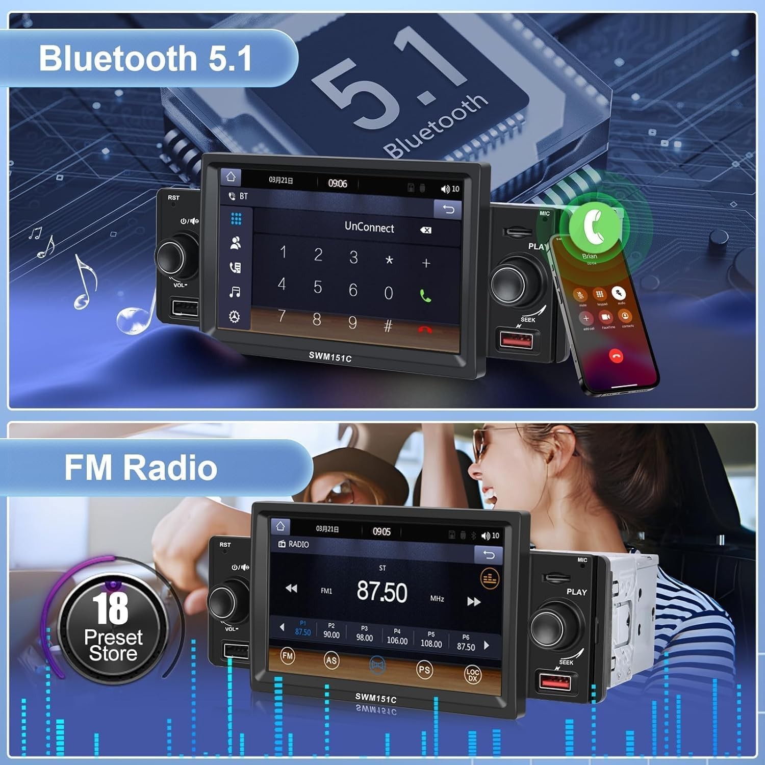 Single Din 5 inch Wired CarPlay Android Auto Car Stereo Touchscreen Bluetooth