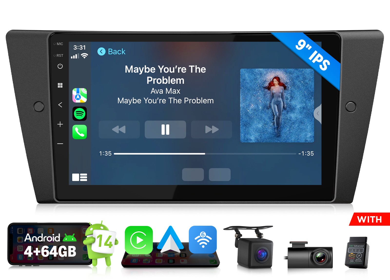 Android 14 9″ CarPlay Stereo for BMW E90 328i 335i 05-13 Plug & Play Navigation
