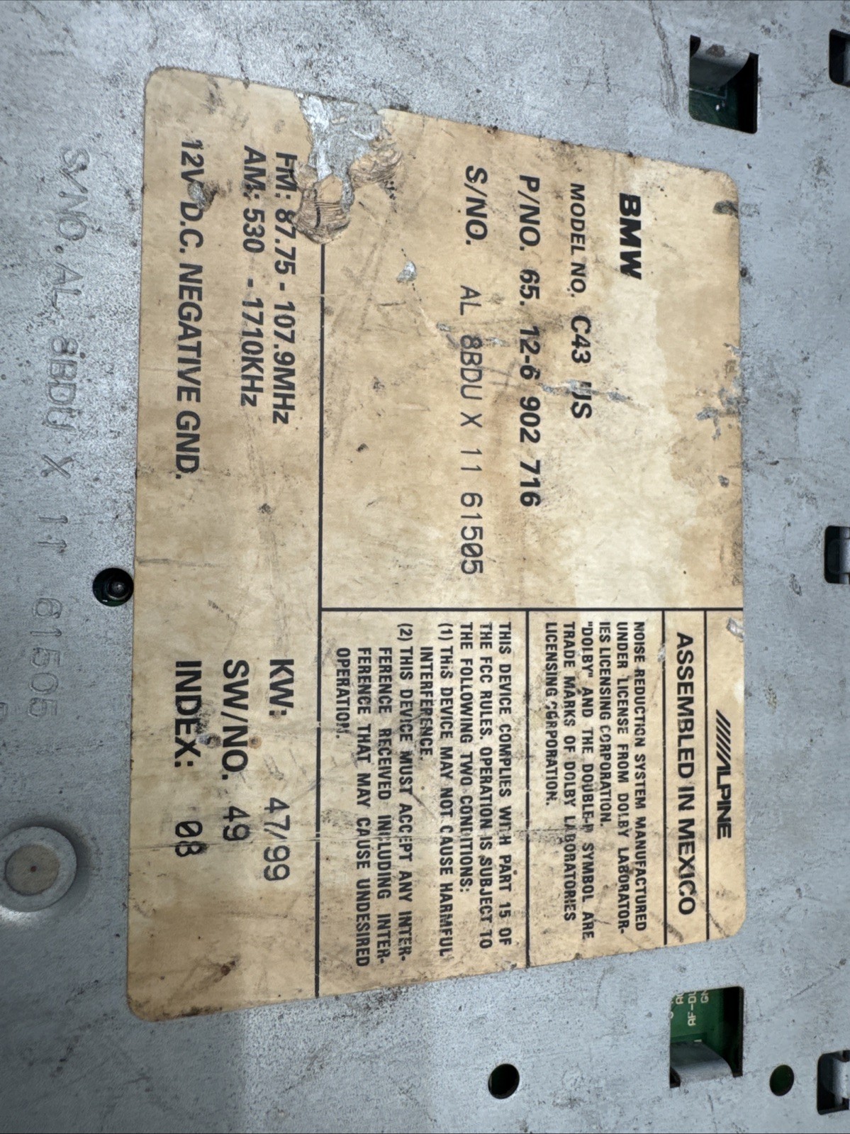 BMW C43 US ALPINE Cassette E30 E31 E32 E34 E36 318 325 540 840 M3 Z3 FOR PARTS