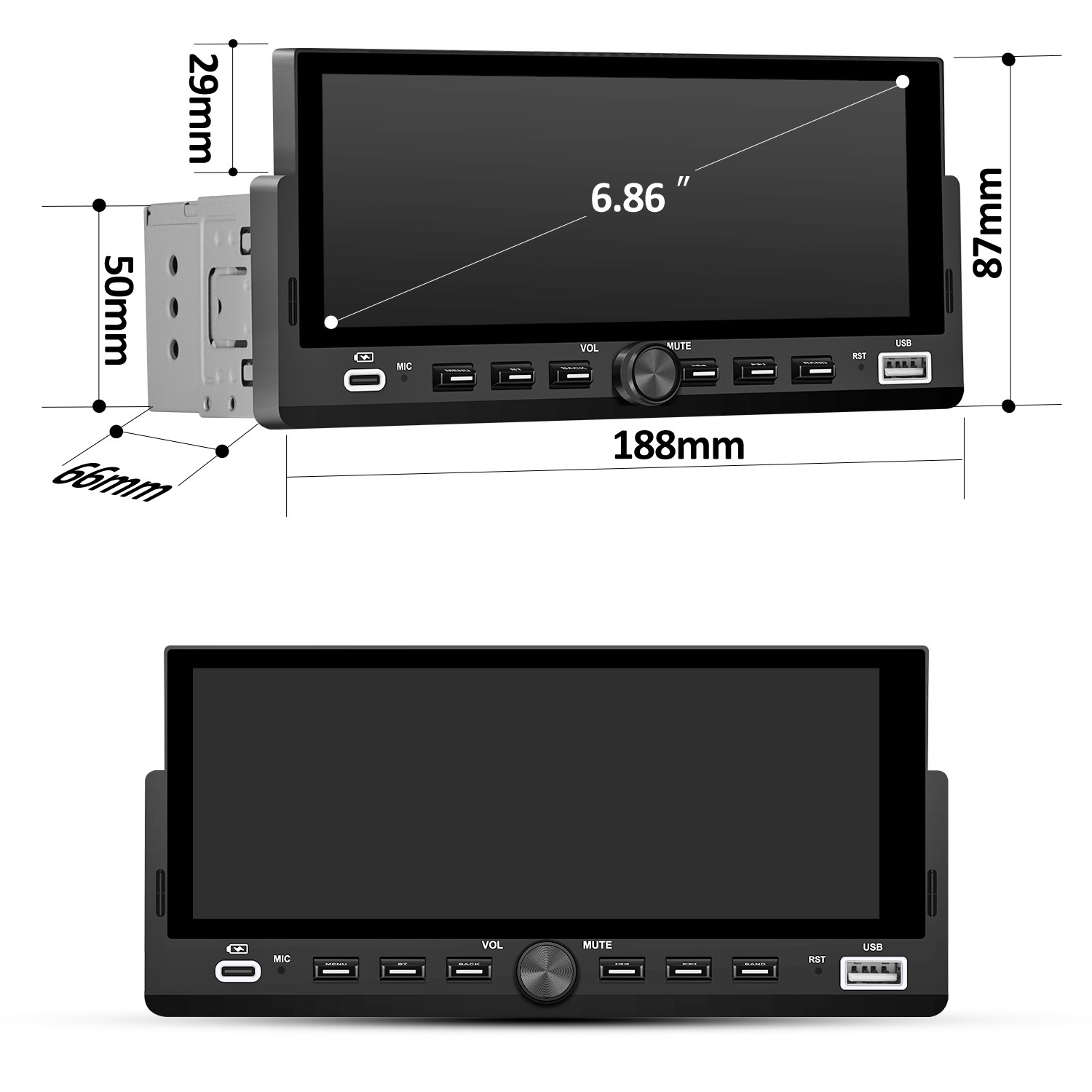 6.86″CarPlay Android Auto For Universal Car Stereo Multimedia Player Rear Camera