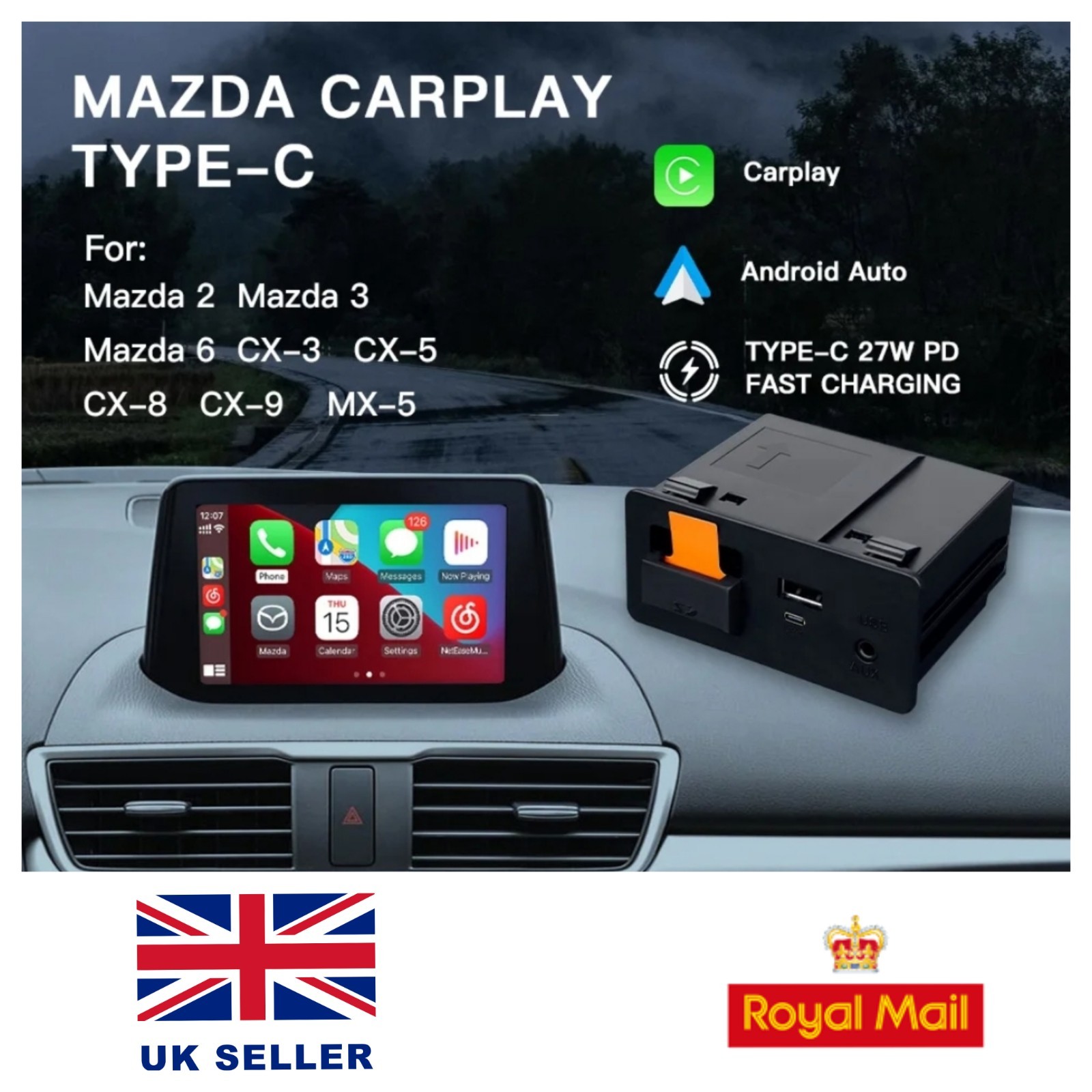 Mazda Android Auto Kit Carplay USB TYPE-C Connector CX5 CX3 CX9 MX5 Mazda 6 UK