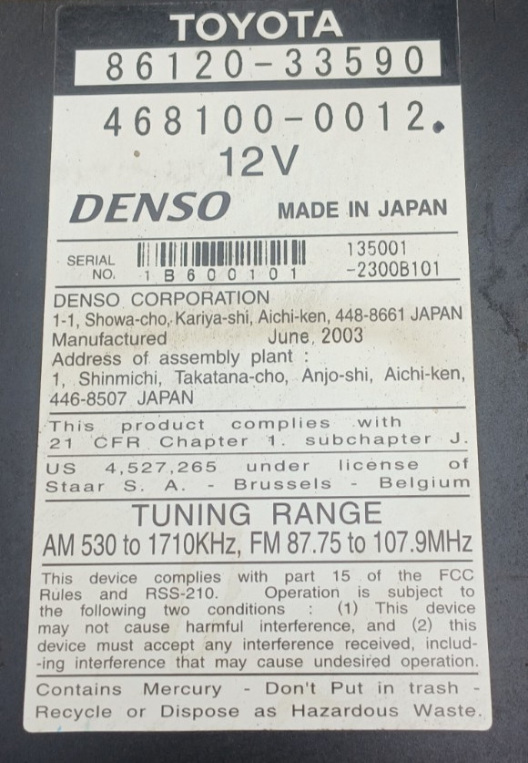 04-07 TOYOTA SOLARA OEM GPS NAVIGATION CD DVD PLAYER 86120-33590 RADIO