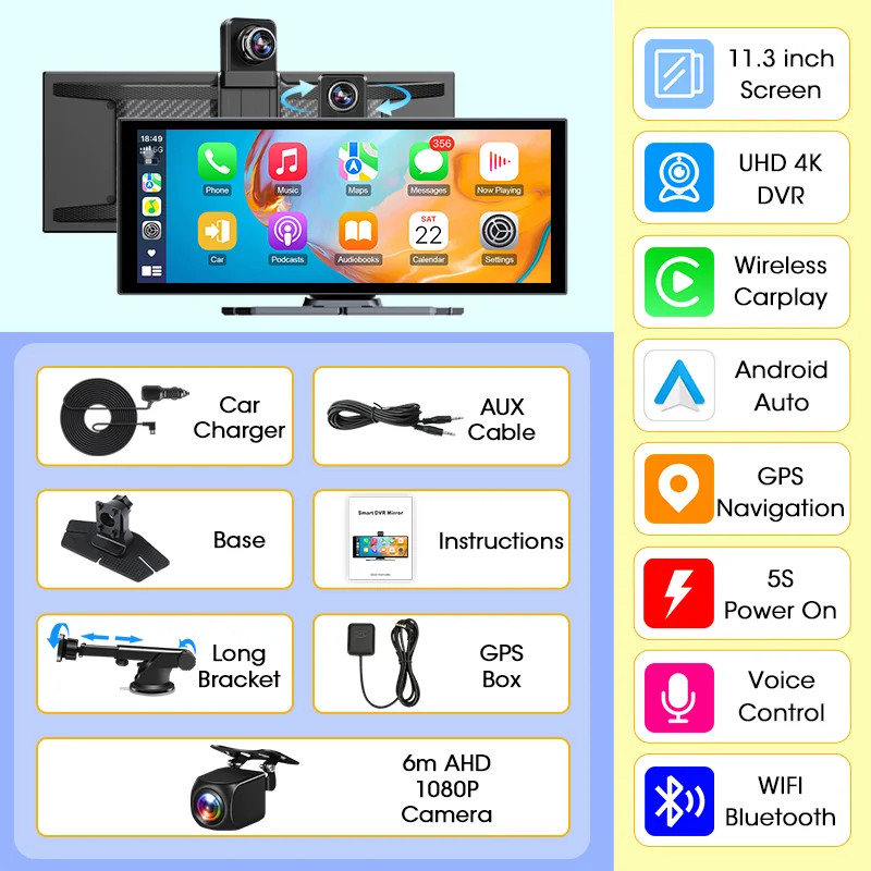 11.3 Inch 4K DVR Carplay for BMW Ford Volkswagen Fiat Peugeot Renault Seat Opel