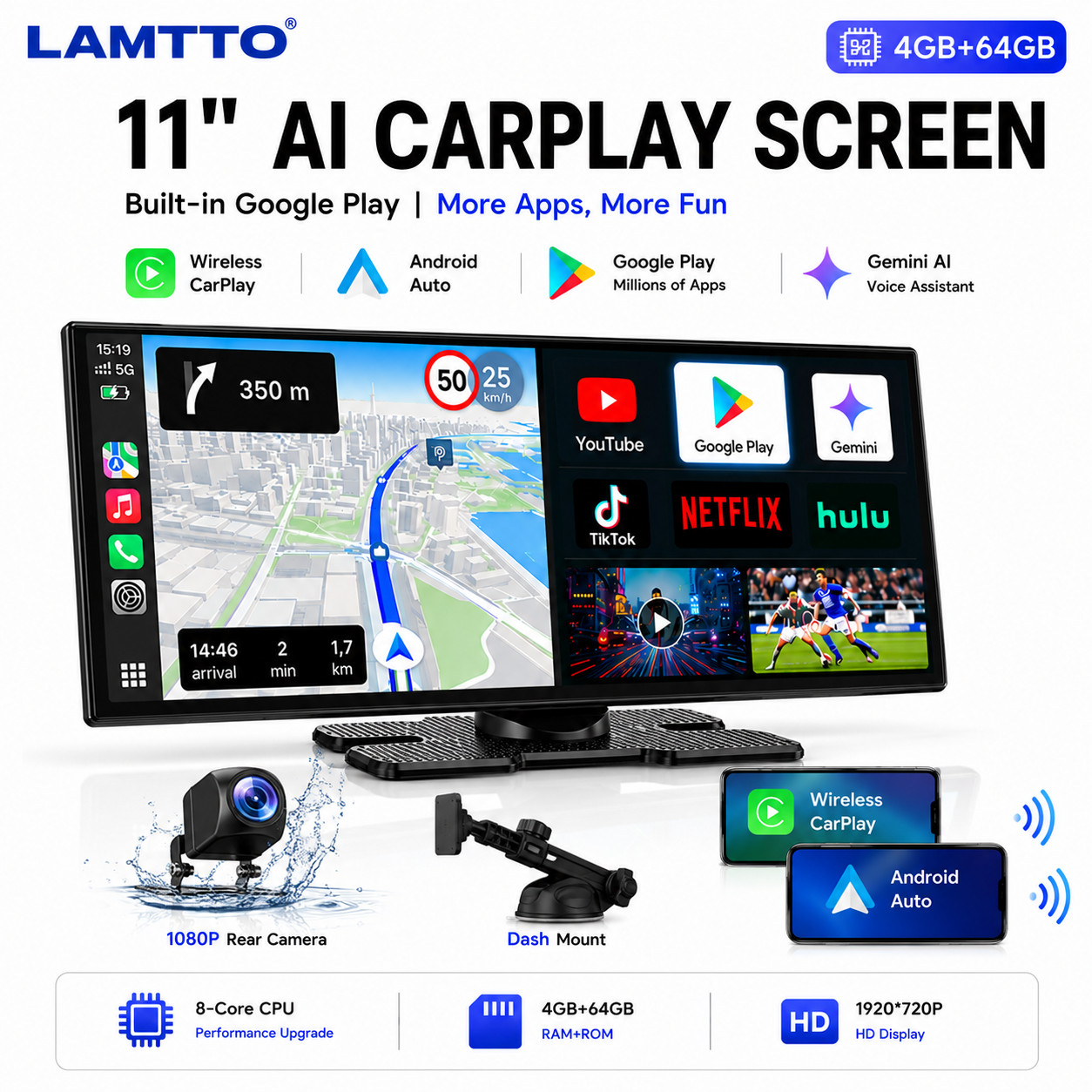 Lamtto 11in Touch Screen Gemini AI Car Wireless Apple CarPlay Android Auto GPS