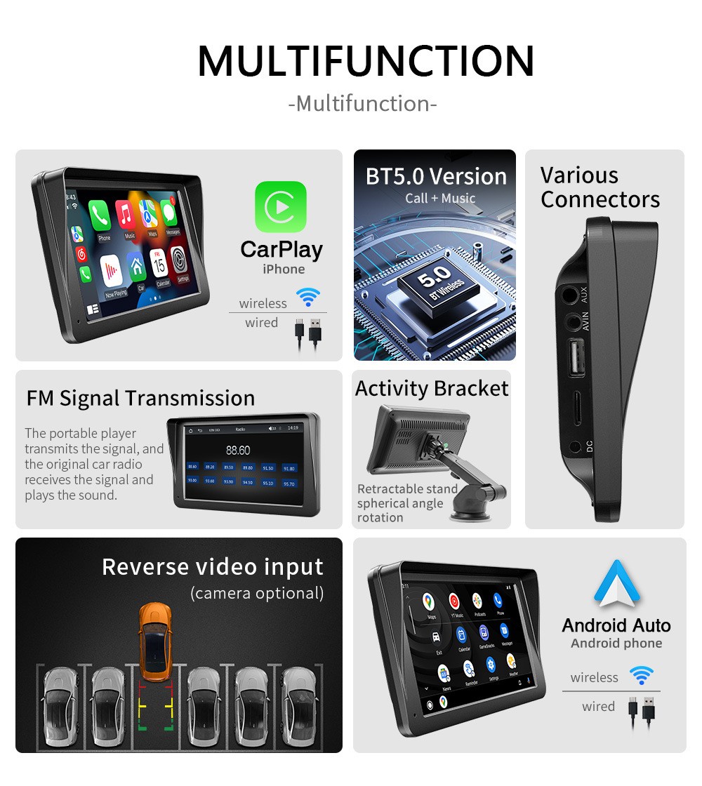 Portable Wireless Apple CarPlay and Android Auto 7″ IPS Touch Screen for Car