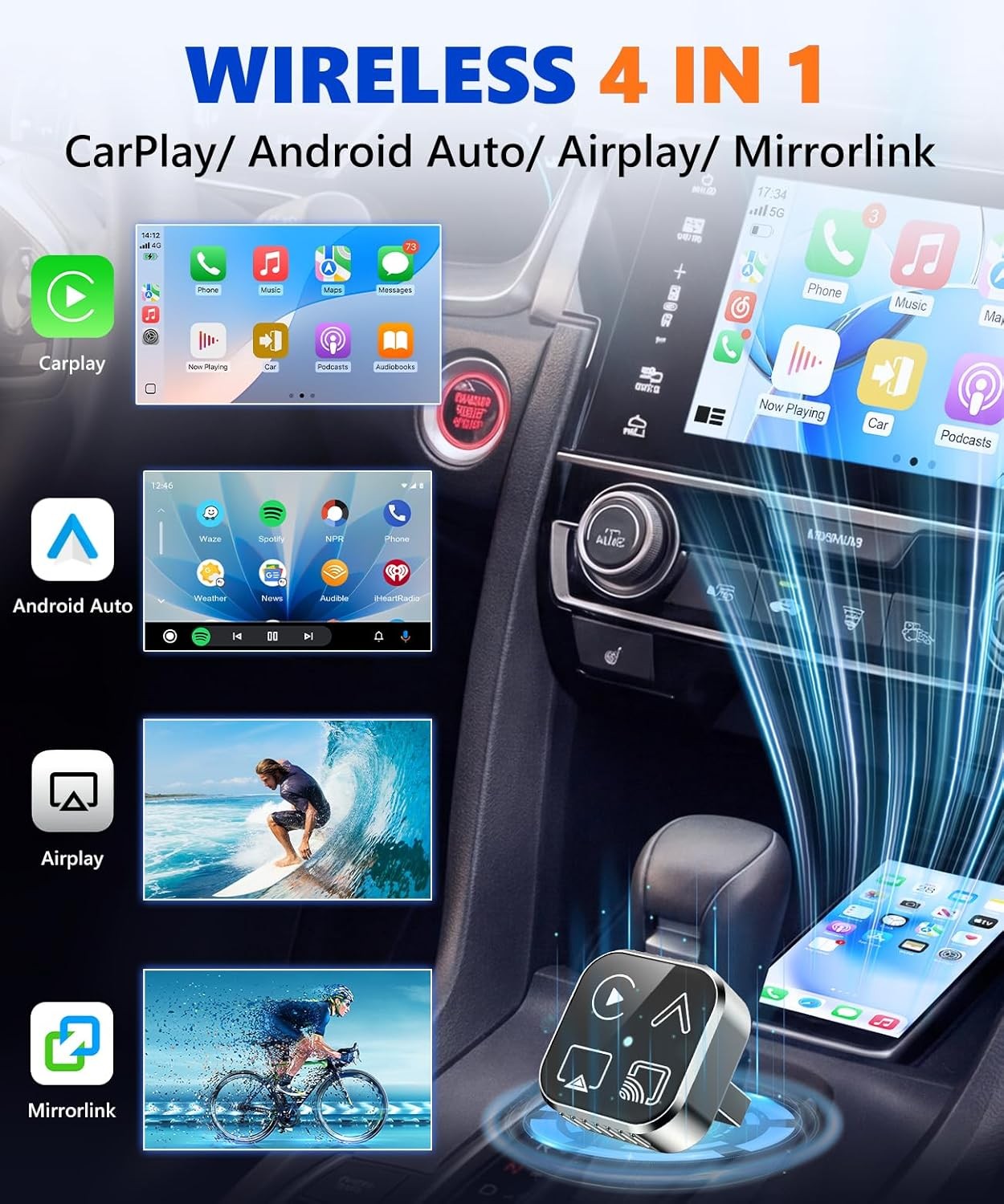 Wired to Wireless CarPlay Adapter for Apple iPhone/Android Auto/AirPlay/Miracast