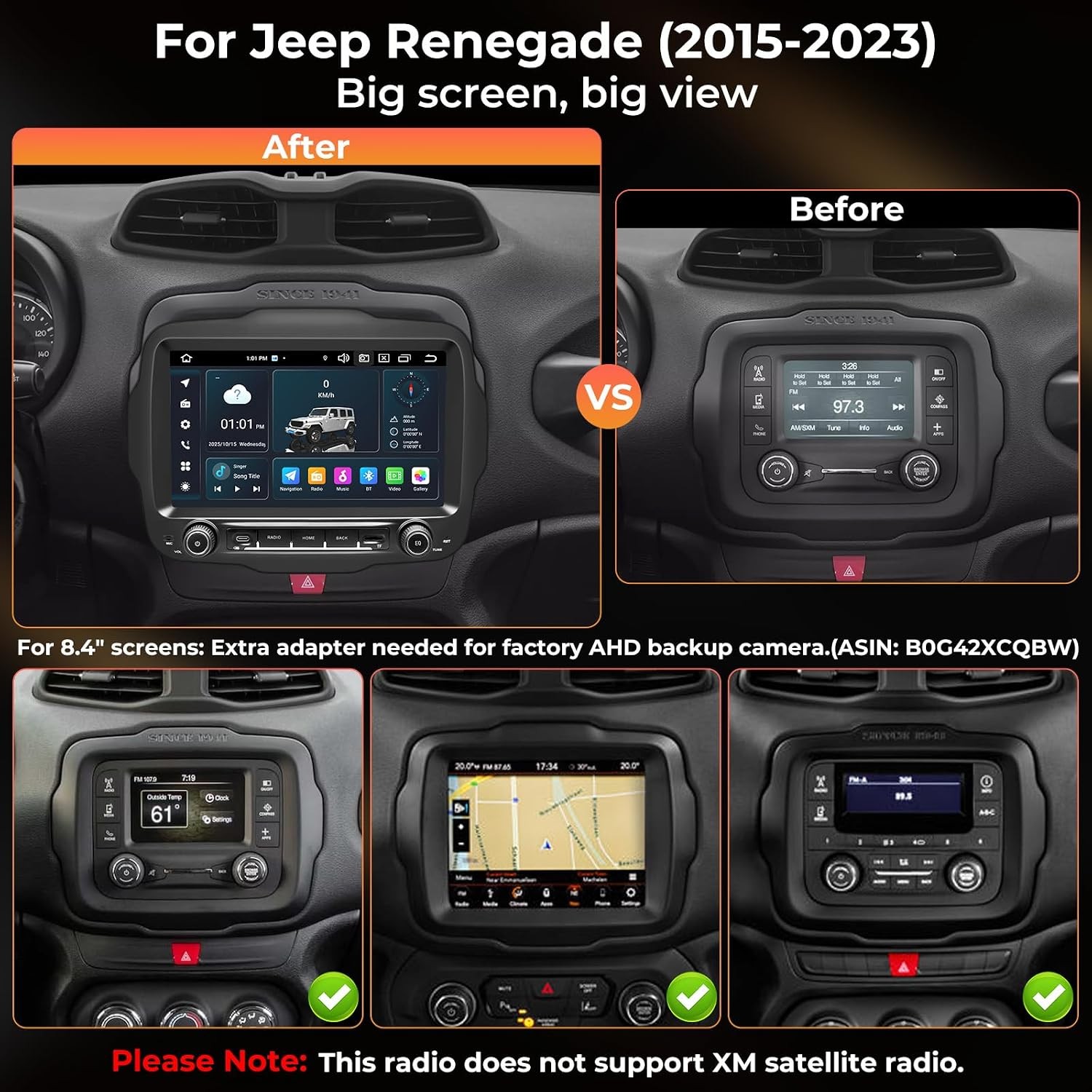 Car Stereo for Jeep Renegade 2015–2023 Wireless CarPlay & Android Auto AM/FM/RDS