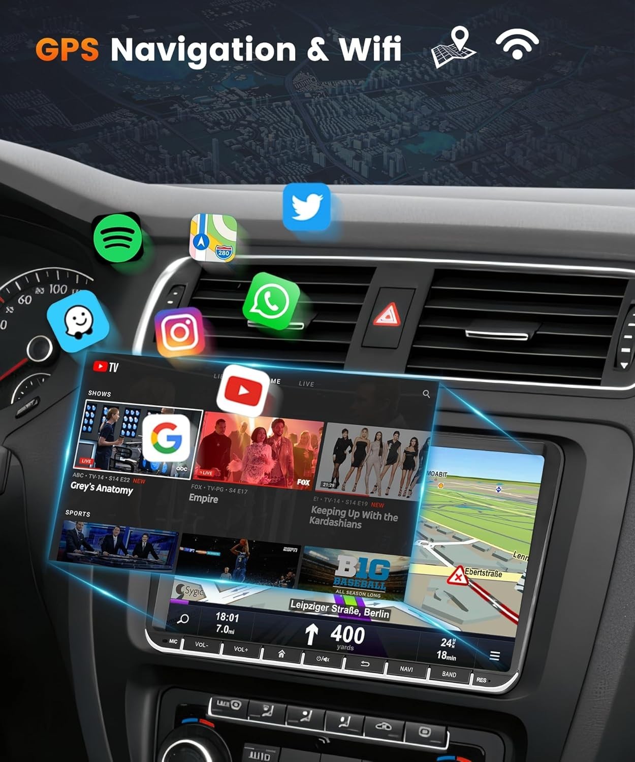 Podofo 2G+64G Car Stereo with Wireless Carplay Android Auto, 9″ Touch Screen