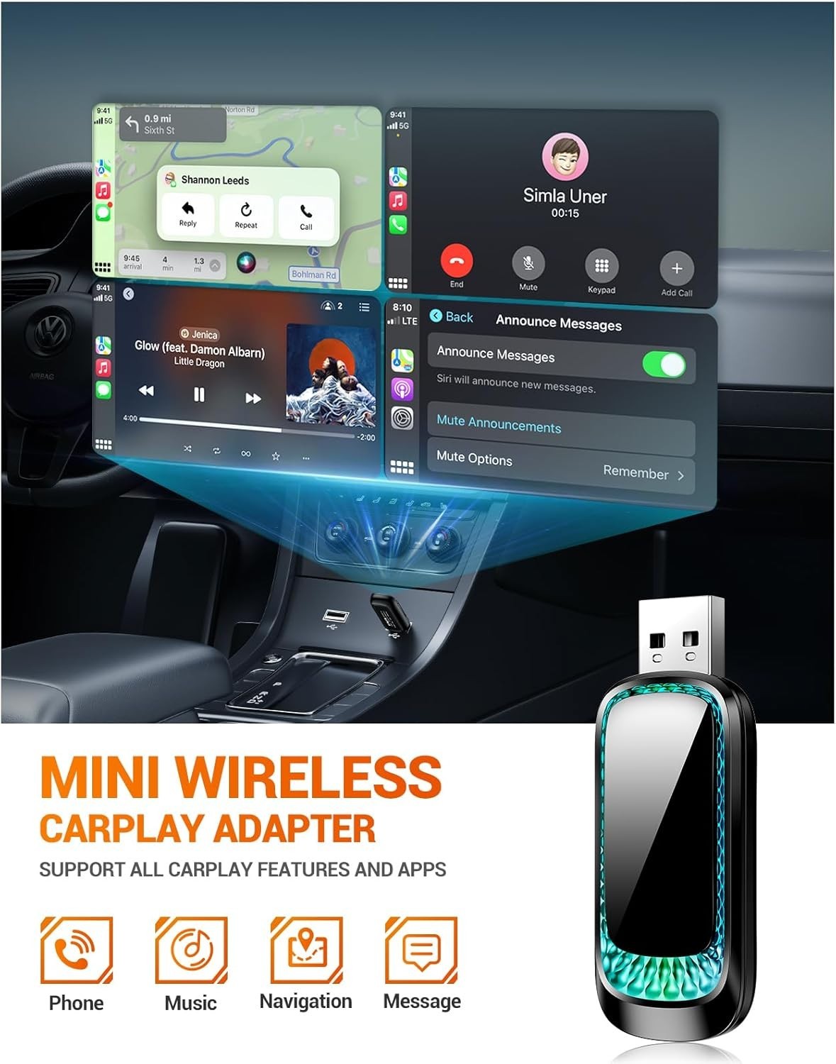 Wireless Apple CarPlay Adapter USB Type C Mini Dongle Fast Auto Connect iOS Siri