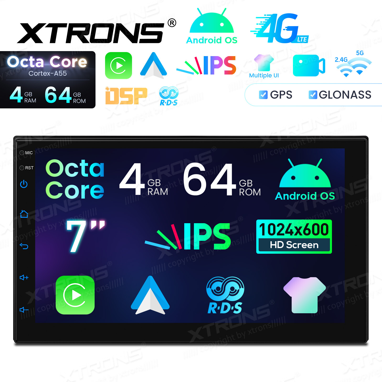 XTRONS Double Din 7″ Android 14 8-Core 4+64GB Car Stereo Head Unit GPS Radio RDS