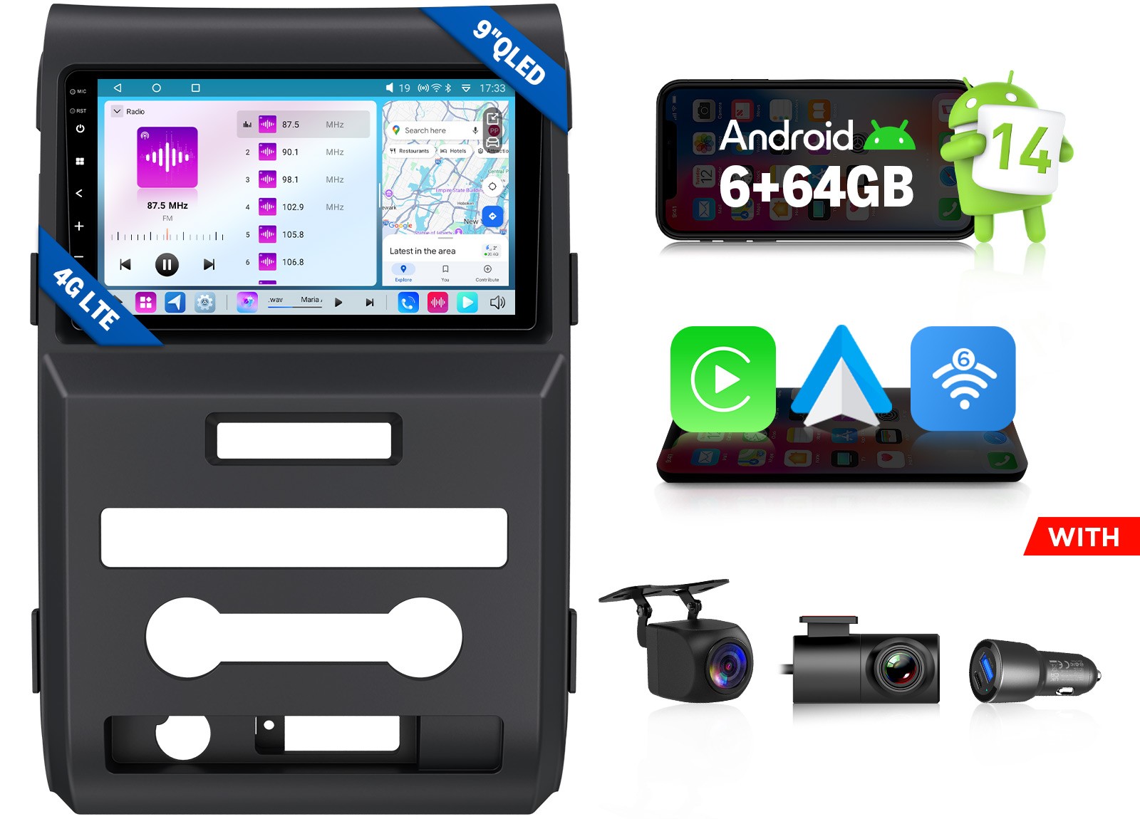 For 2009-2014 Ford F150 Android 14 9″ QLED 6+64G Car Radio CarPlay 4G LTE FM AM