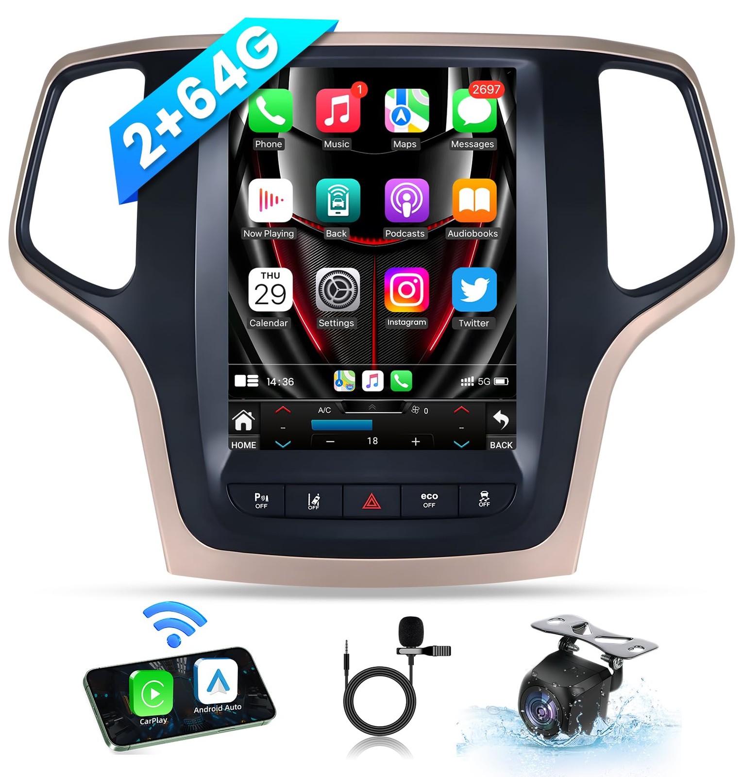 For 2014-2016 Grand Cherokee Carplay Radio GPS Navi Android 13 Bluetooth FM RDS