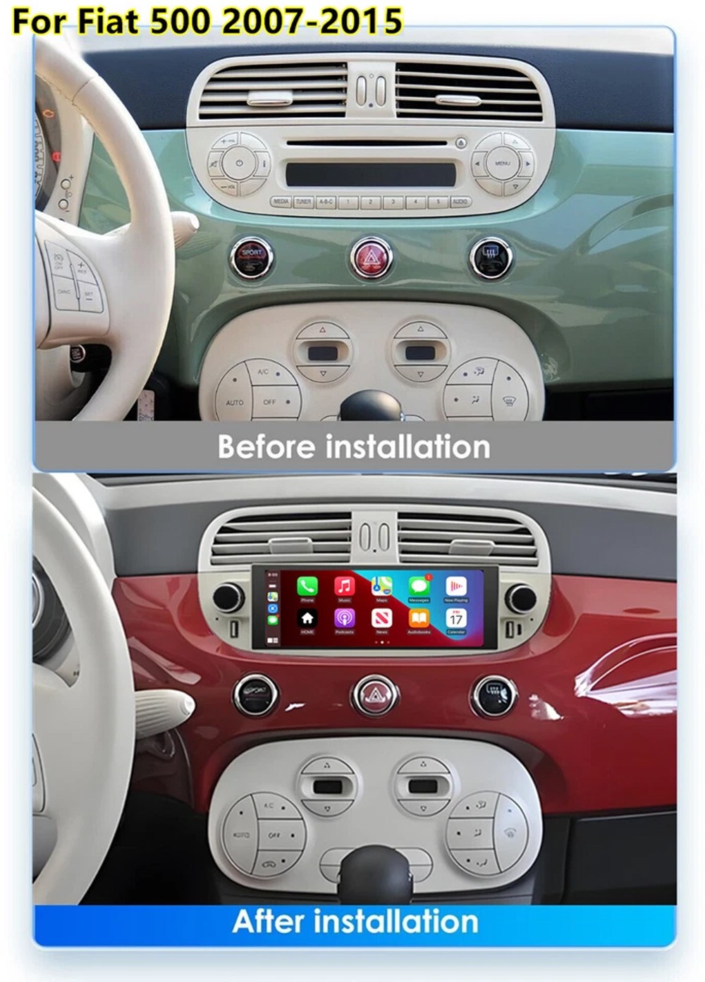 32G For Fiat 500 2009-2015 Carplay Android 15 Car Stereo Radio GPS Navi BT +CAM