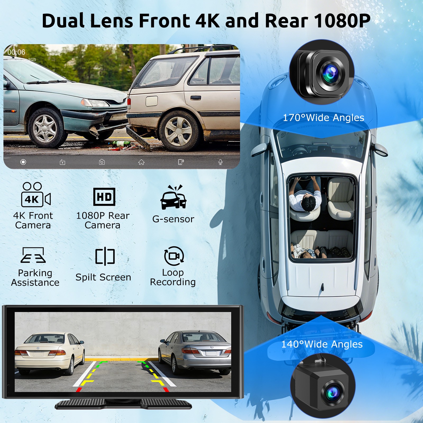 10.26″ Dash Cam 4K Touch Screen Car Stereo Portable Apple Carplay Android Auto