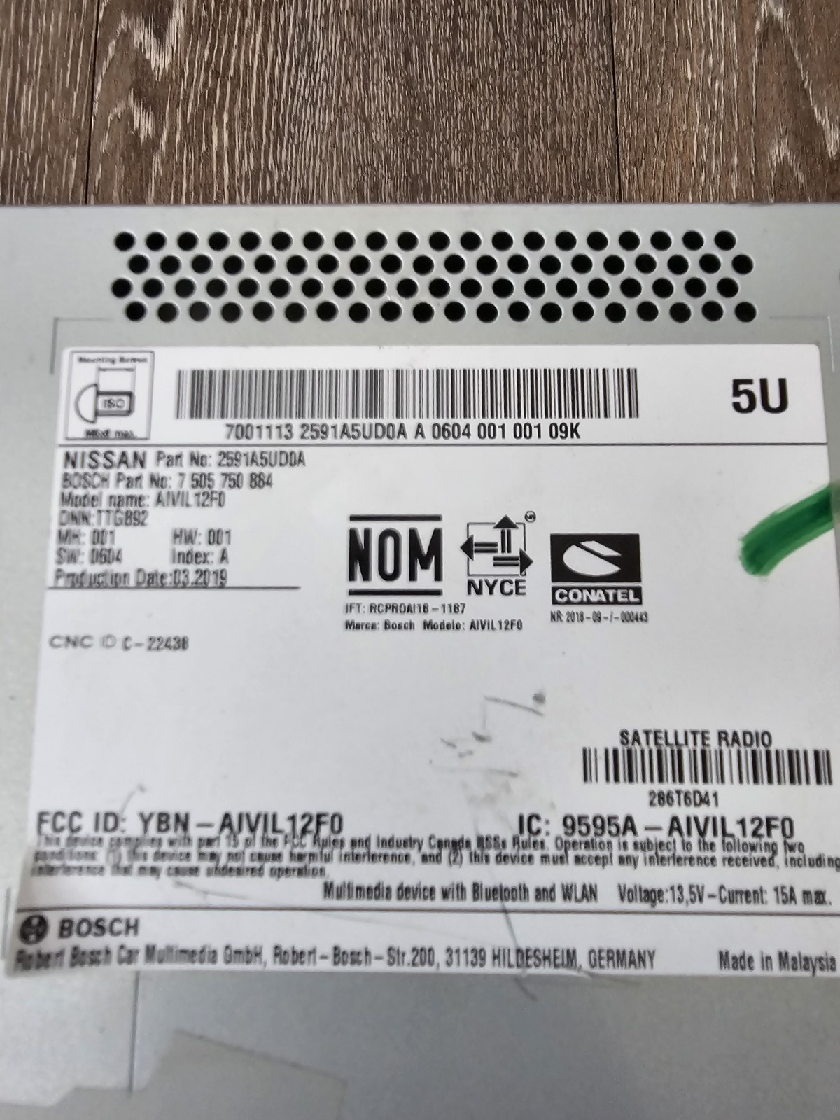 Nissan AIVIL12F0 Multimedia Navigation & Satellite Radio Unit 2591A5UD0A