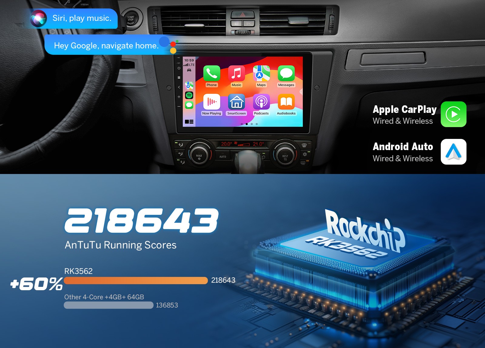 Android 14 9″ CarPlay Stereo for BMW E90 328i 335i 05-13 Plug & Play Navigation