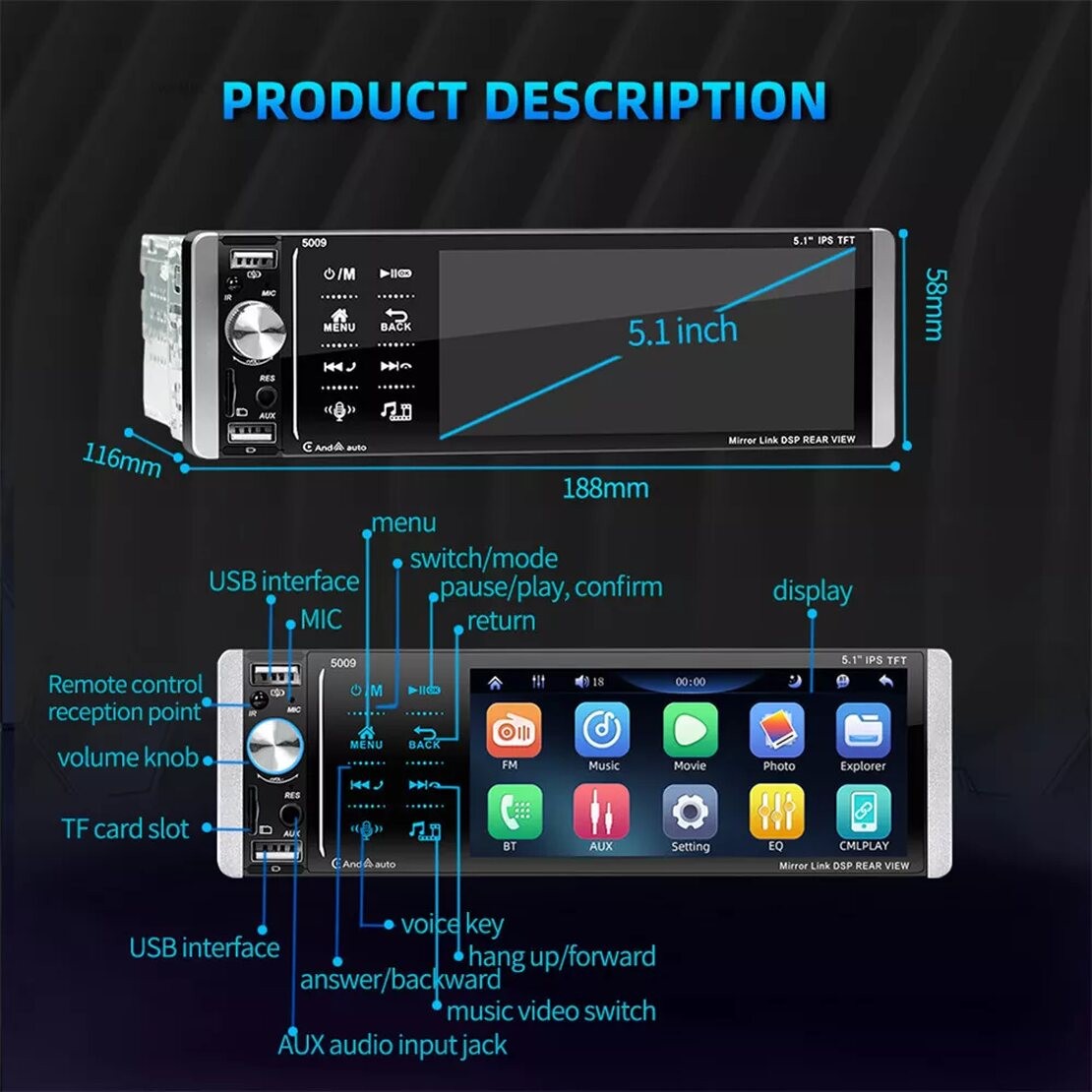 5.1IN Car Stereo Radio MP5 Player For Carplay Video Single 1 DIN Bluetooth