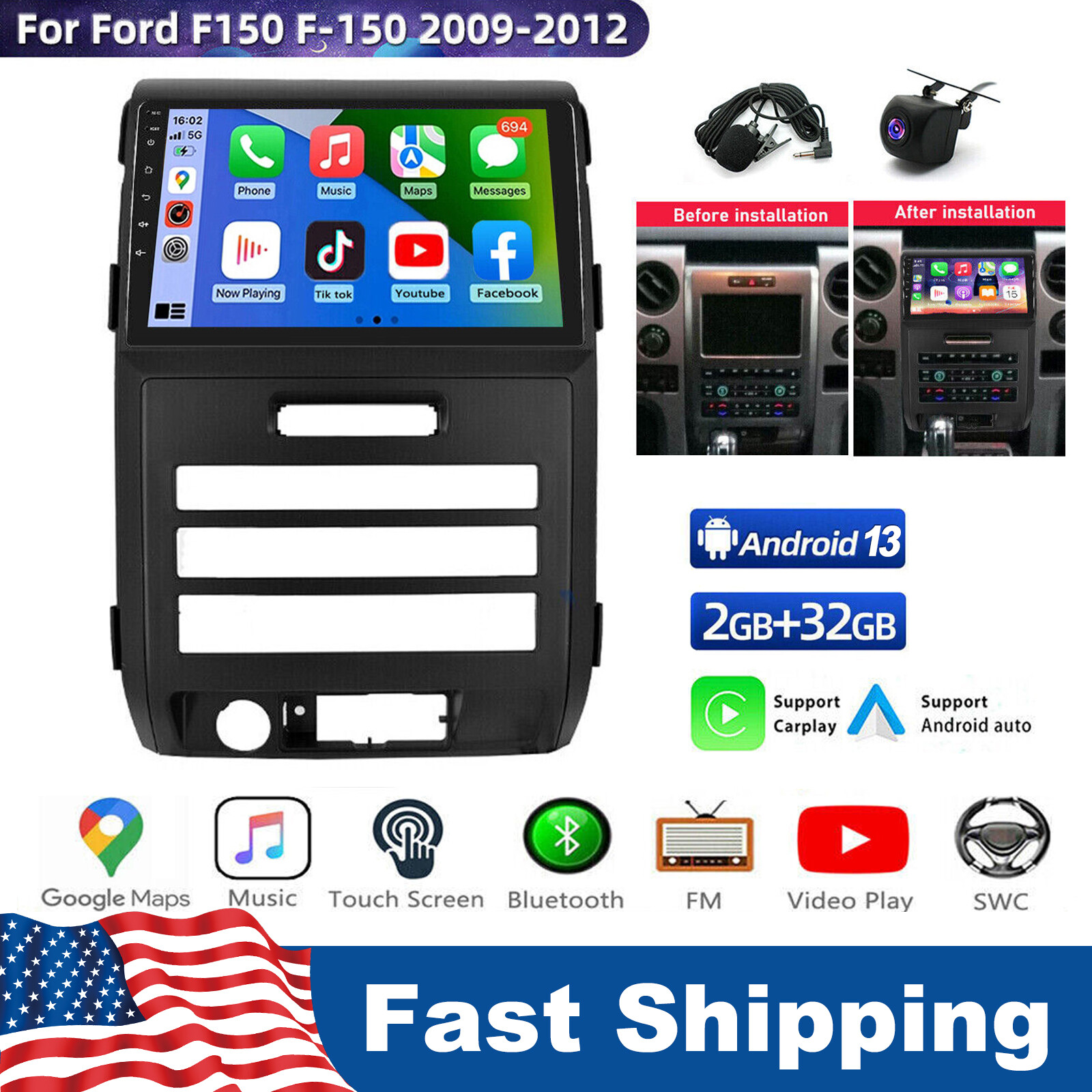 For Ford F150 2009-2014 F-150 Apple Carplay Android 13 Car Stereo Radio Gps Navi