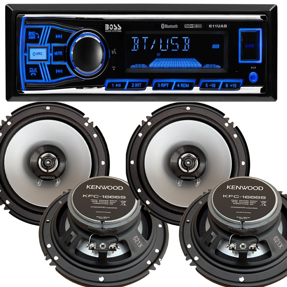 Boss Audio 611UAB Bluetooth AM/FM Car Stereo 4X Kenwood KFC-1666S 6.5″ Speakers