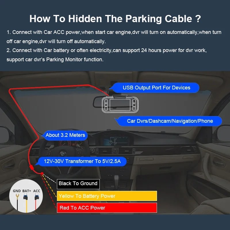 Car Charger Cable 3.5m Mini USB Type-C Dash Cam 24H Parking