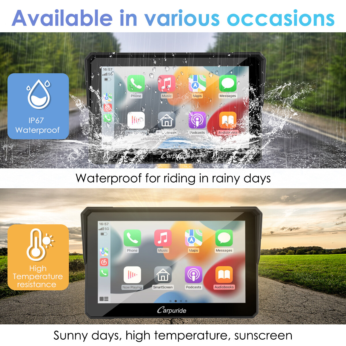 Carpuride 7Inch Motorcycle Stereo Bluetooth Wireless Apple CarPlay Android Auto