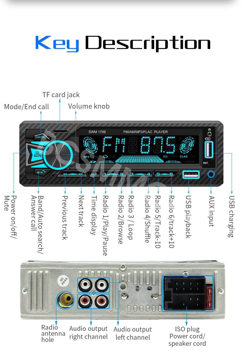 Single 1 DIN Car Stereo Bluetooth FM/AM Radio MP3 Player In-Dash Audio Receiver
