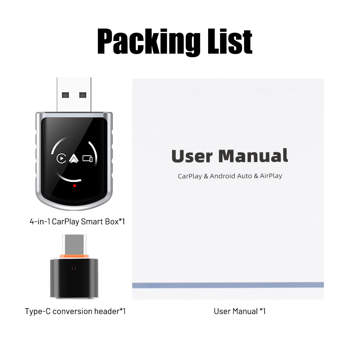 4 in 1 Wireless CarPlay Android Auto Adapter 5GHz WiFi USB & Type-C Plug & Play