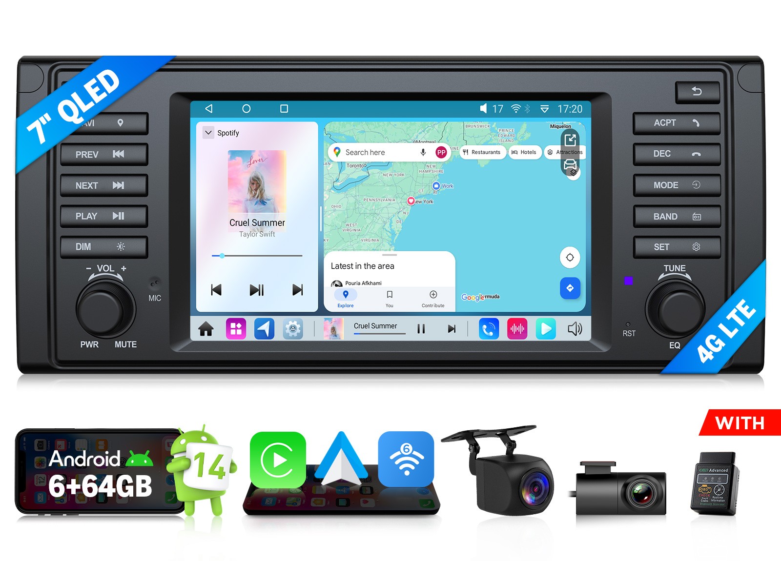 7″ QLED Android 14 6+64 Car Stereo CarPlay Radio GPS WiFi 4G DSP RDS For BMW E39