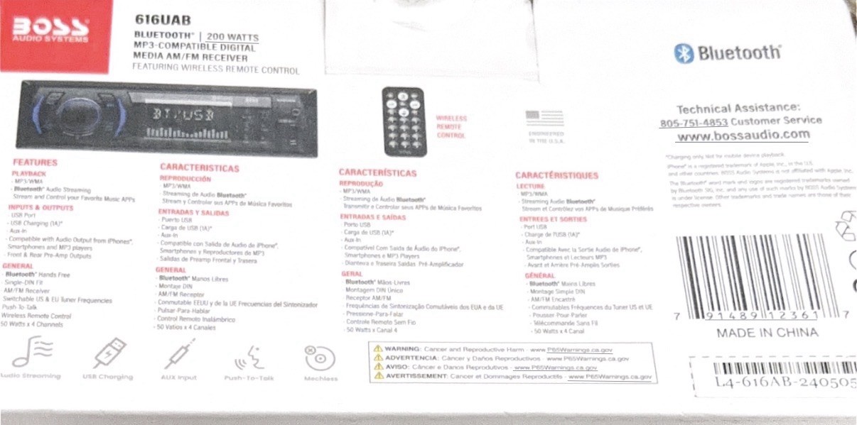 BOSS 616UAB Car Stereo, Bluetooth, AM/FM Radio, MP3, USB, Aux In